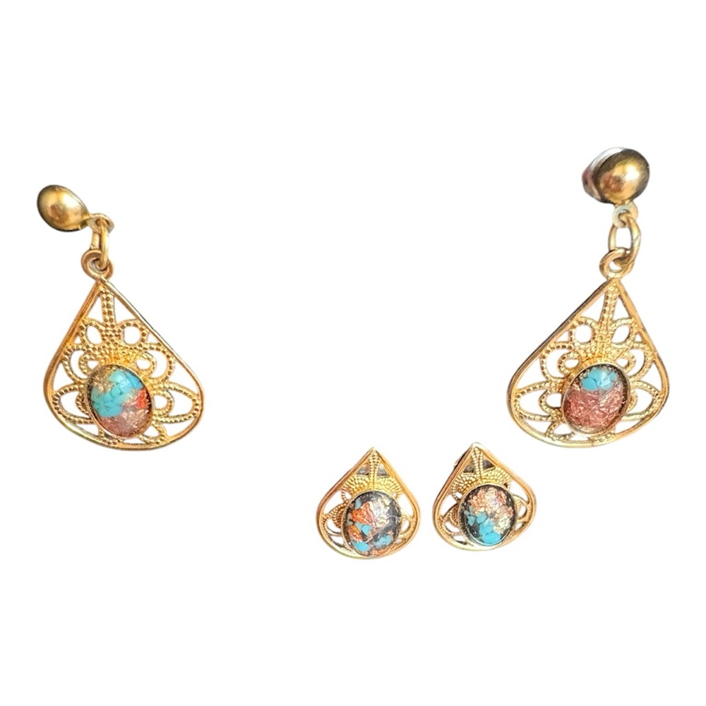 Gold tone and Turquoise Earrings Set
